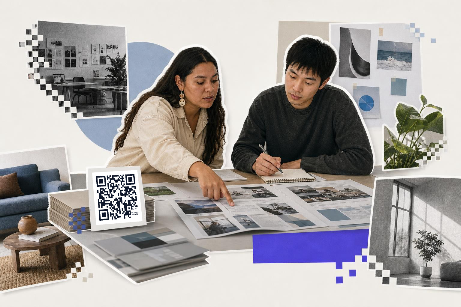 Two people reviewing design layouts at a table with a QR code card nearby.