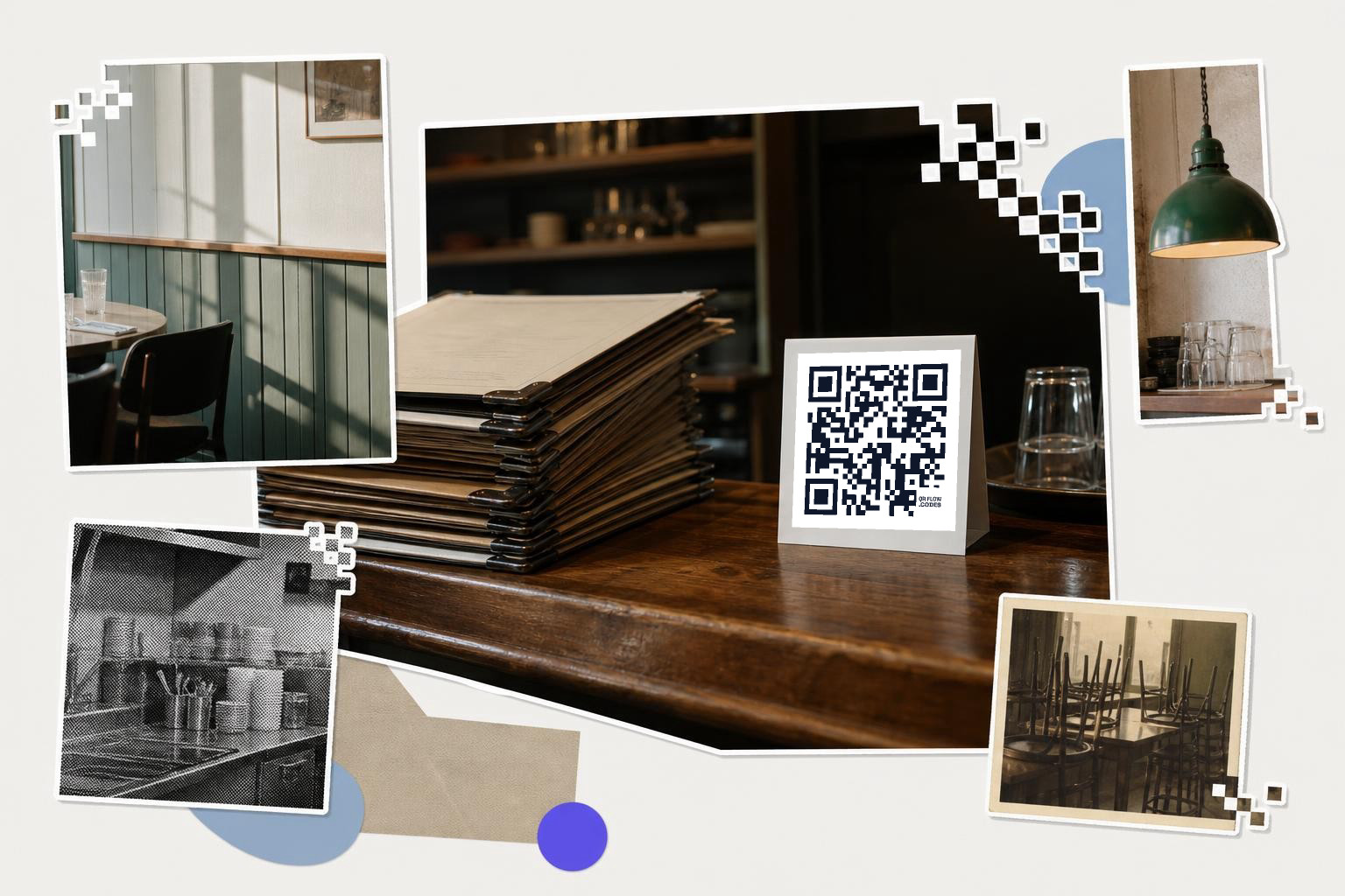 Stack of menus and QR code on a wooden counter with various restaurant interior images around.