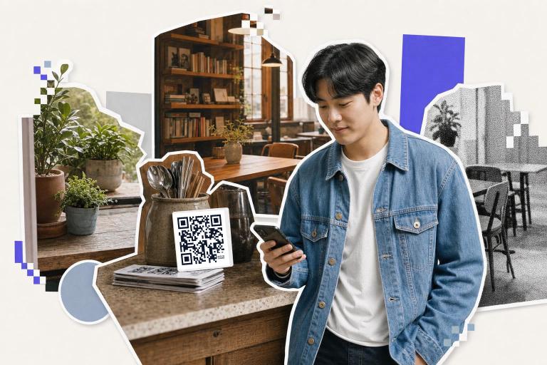 An East Asian man in his 20s stands at a café counter, holding a smartphone low. A small stack of cards with QR codes rests against a jar of utensils. Nearby, potted plants sit on a wooden table. Shelves with books and empty chairs create a cozy atmosphere.
