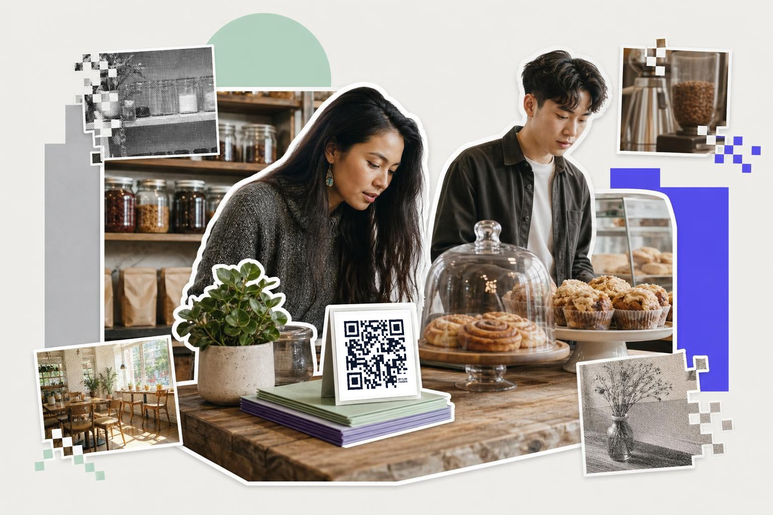 A woman and a man are examining baked goods in a cafe, with a QR code card on the table and jars in the background.