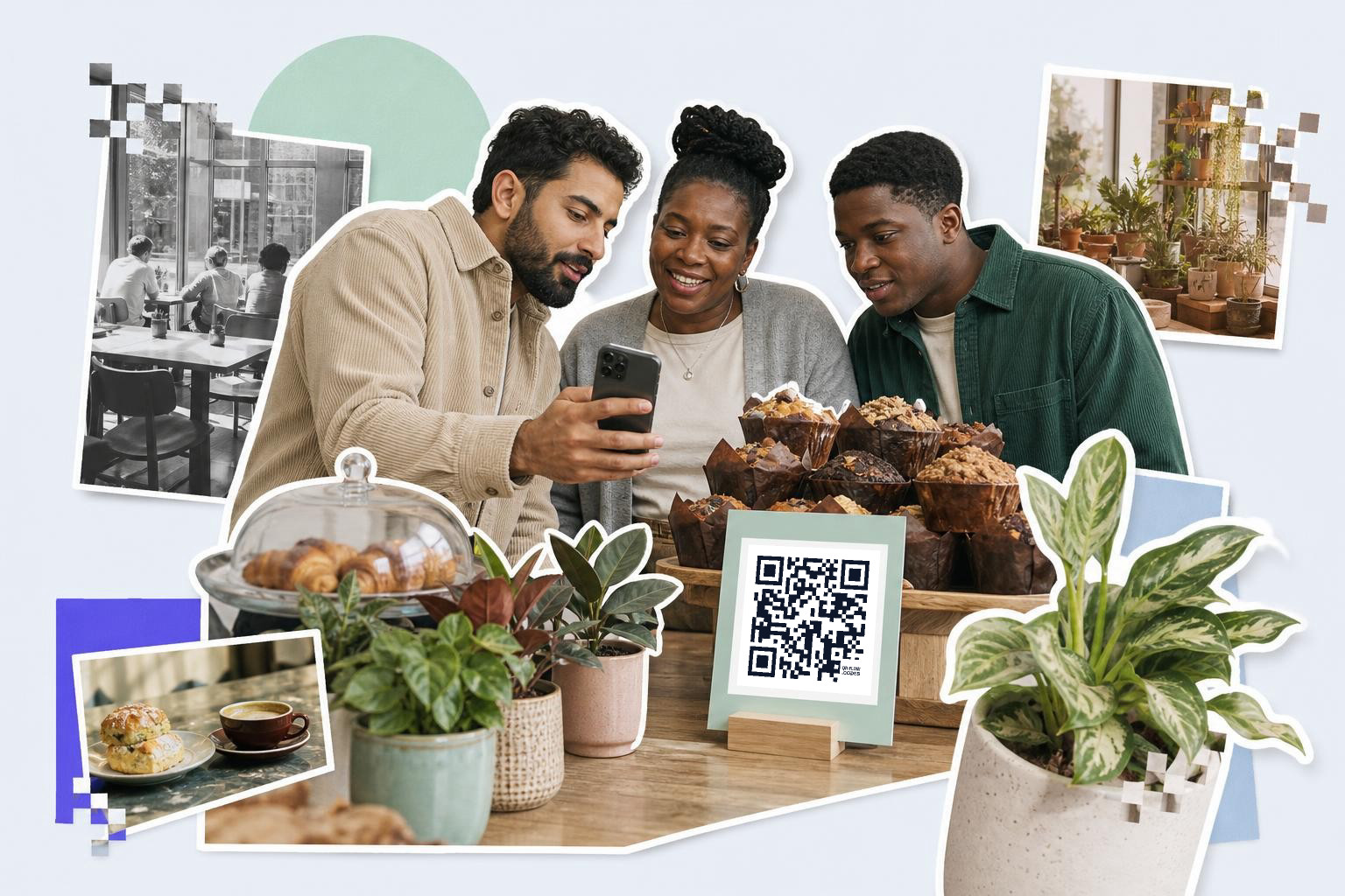 Three people in a café look at a smartphone while standing near a table with muffins and a QR code sign.