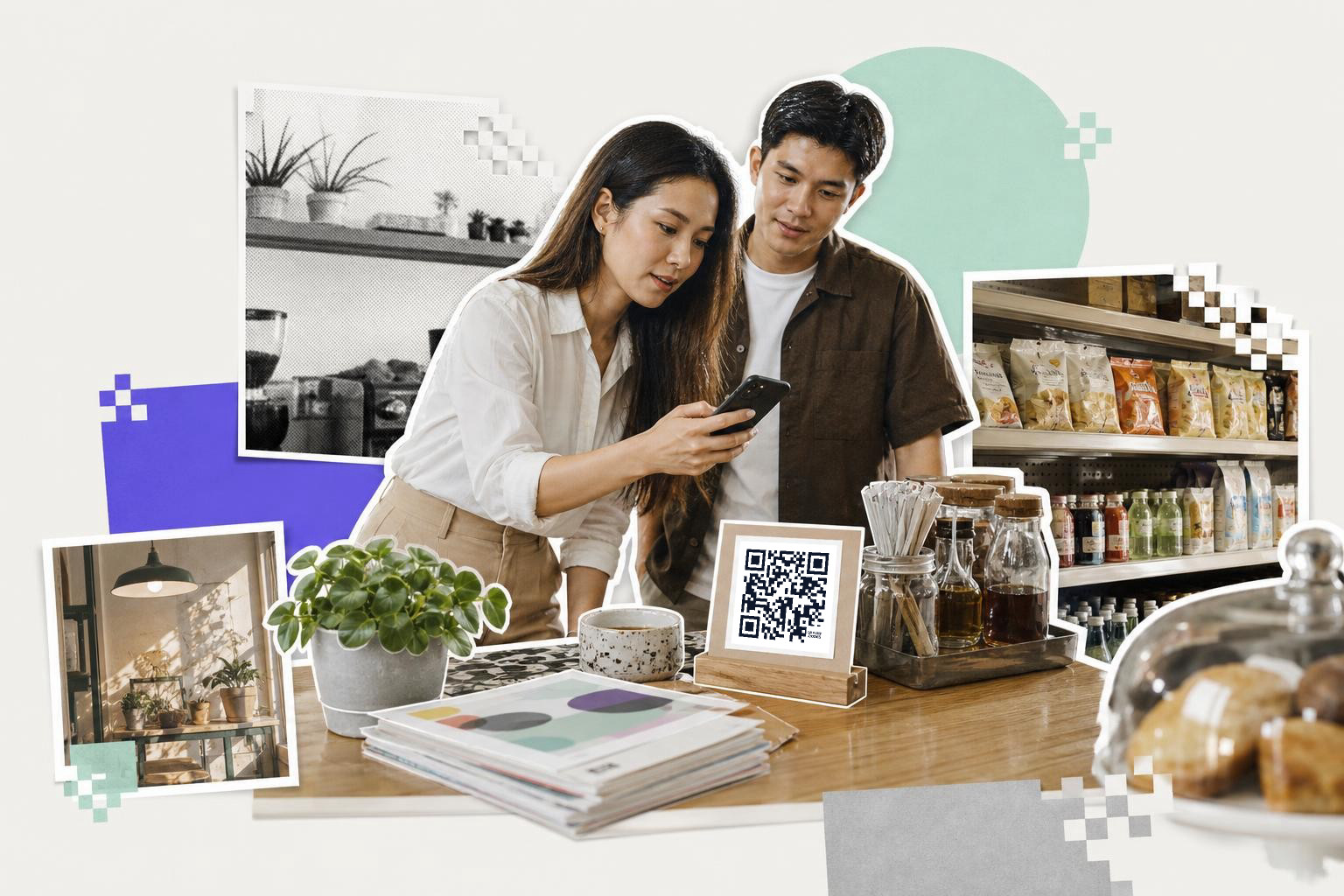 A woman and a man are looking at a smartphone while standing at a counter with a QR code displayed on a stand.