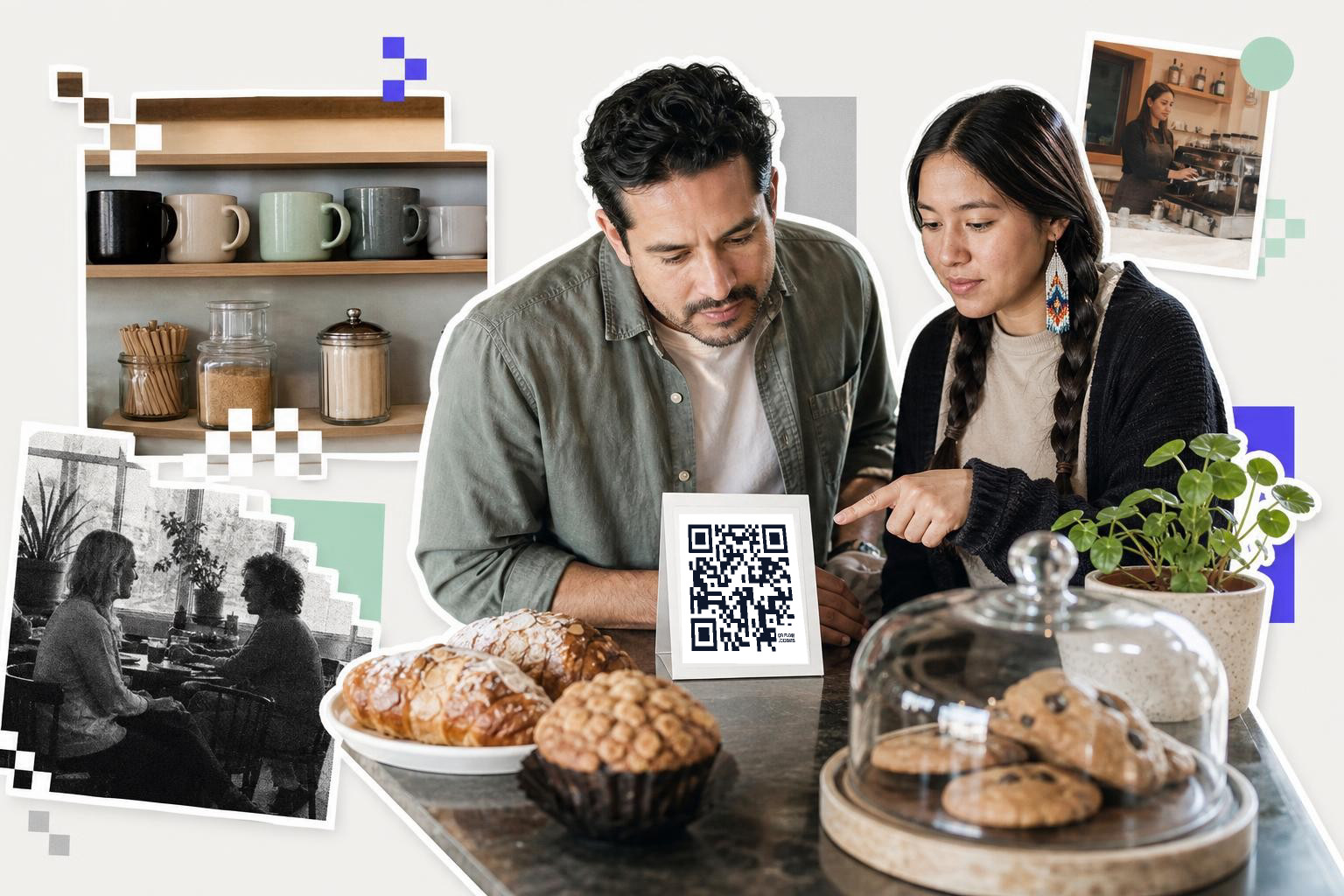 A man and woman sit at a table in a cafe, examining a printed card with a QR code, surrounded by baked goods and a plant.