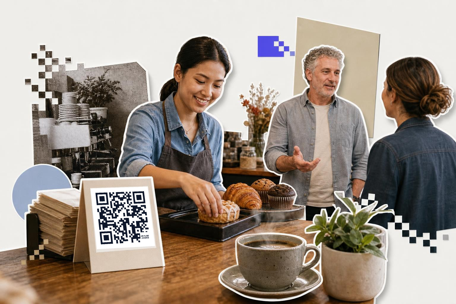 Barista serving pastries with QR code sign, two people conversing, coffee and plant on counter.