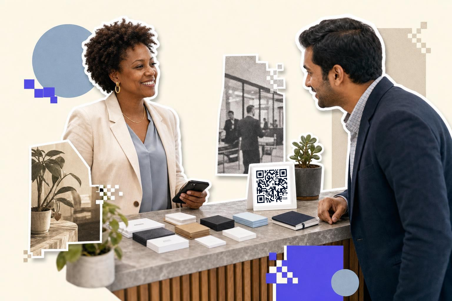 Two people at a counter with a QR code for contact info on a card, surrounded by plants.