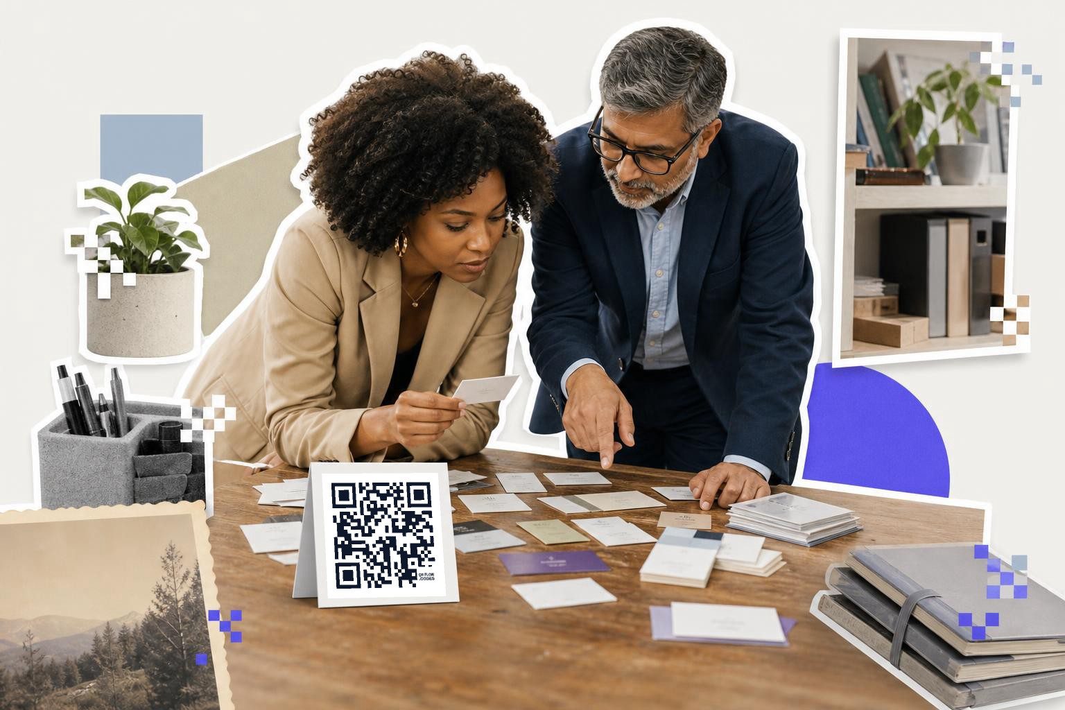Two people examining cards on a table with a QR code card displayed prominently.