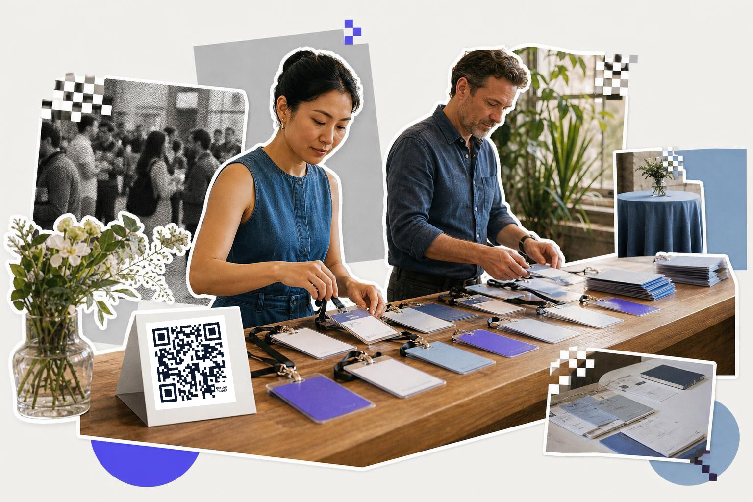 Two people organizing name tags at a table with a QR code sign and flowers.
