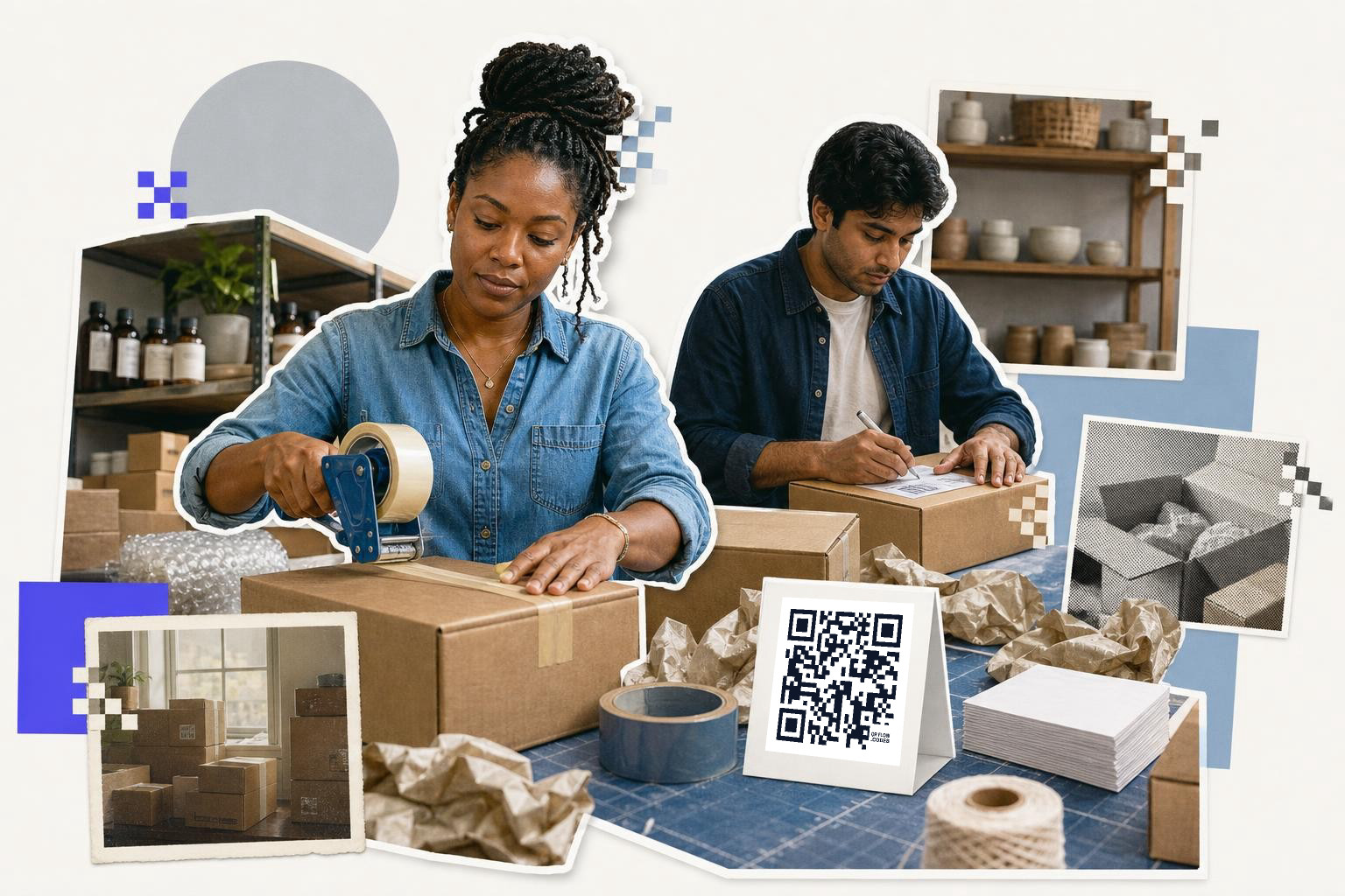 Two people packing boxes at a table with a QR code card displayed nearby.