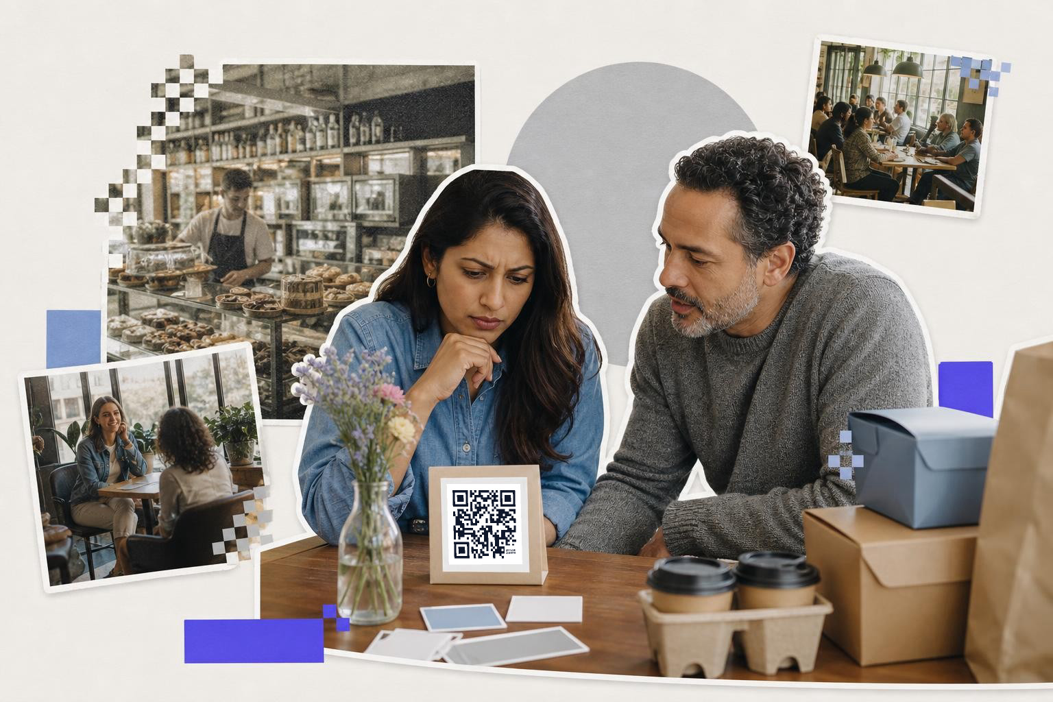 Two people at a table with a QR code card, surrounded by cafe and meeting images.