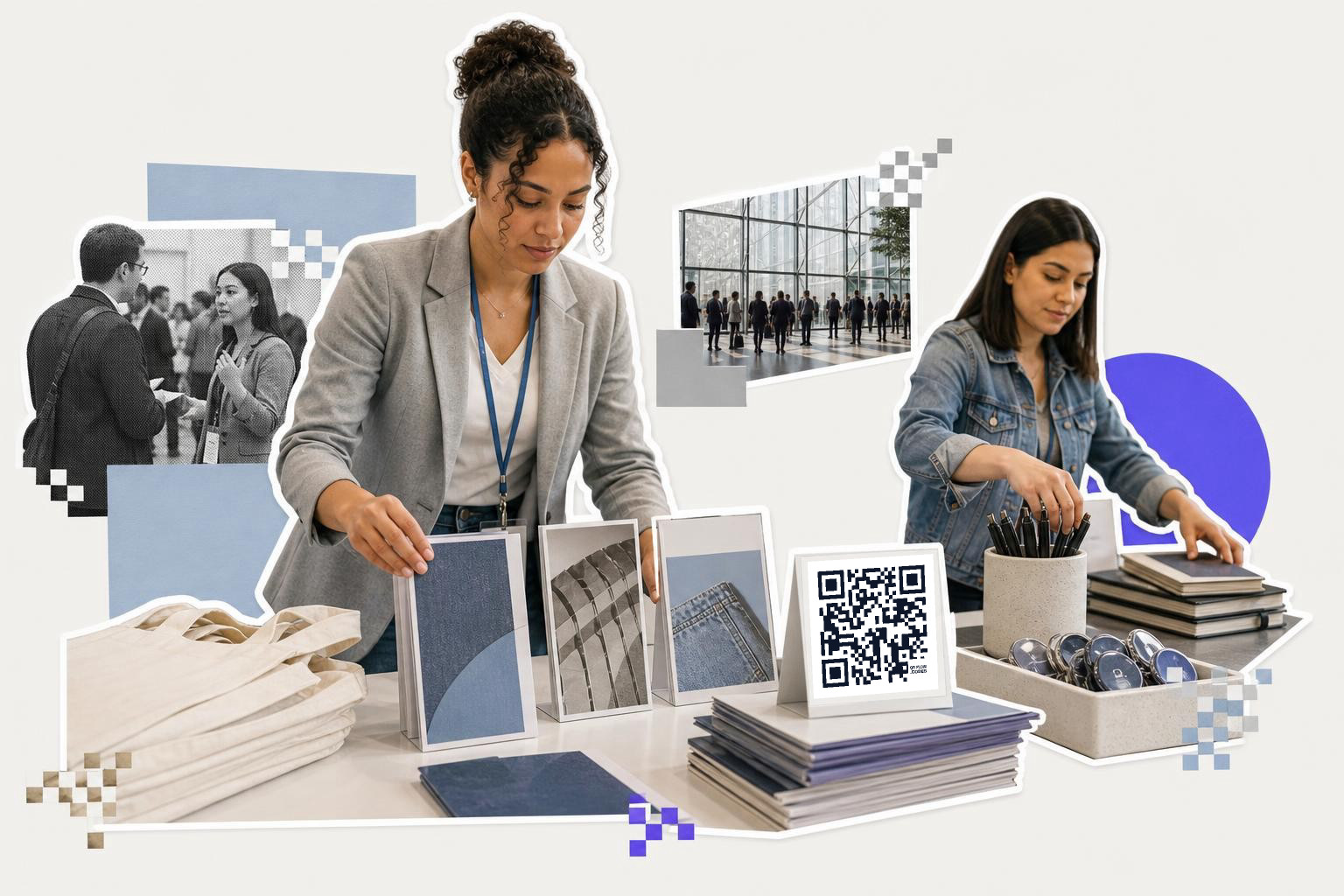 Two women arranging items on a table with a QR code card and people in the background.