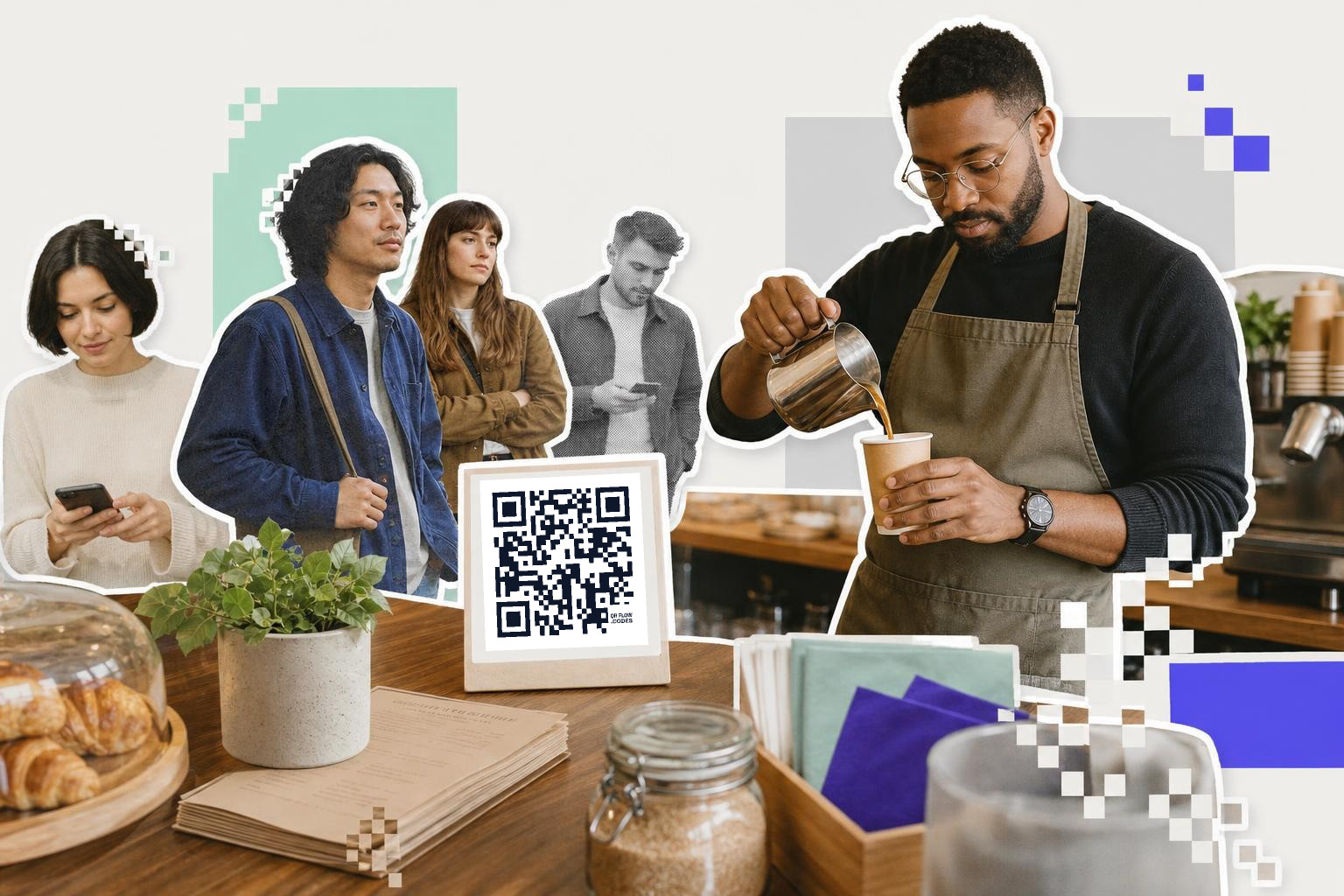 Barista pouring coffee with QR code sign on counter, people waiting in line, cafe setting.