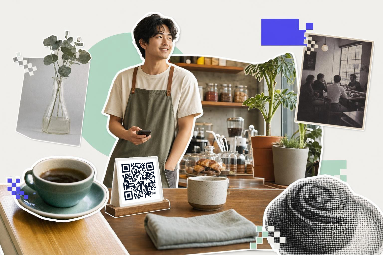 Barista in apron holding phone near counter with venmo QR code, surrounded by plants and coffee items.