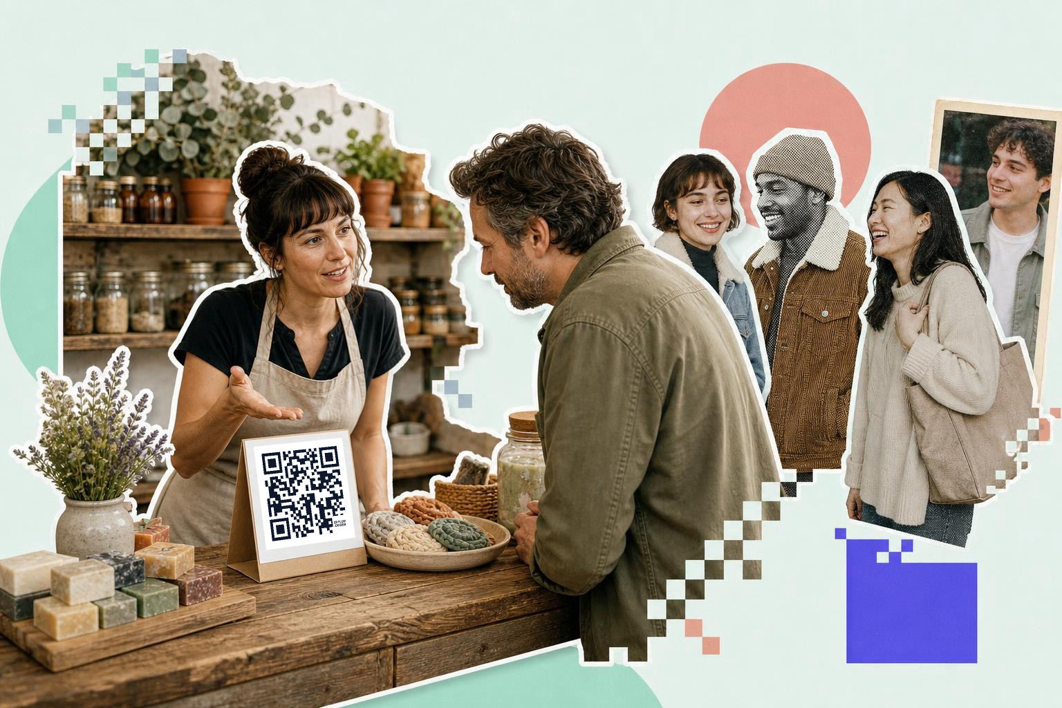 Woman at a market stall showing a QR code to a man, with a group of friends nearby.