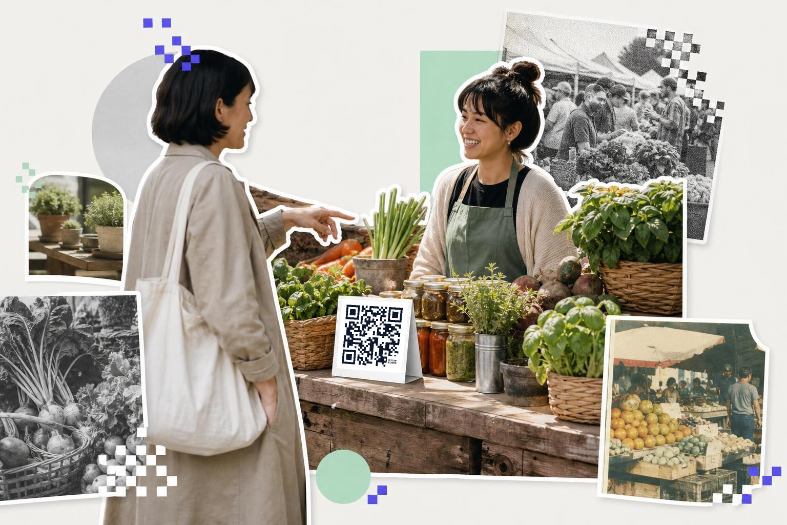 Two women at a market stall with vegetables and a QR code sign on the table.