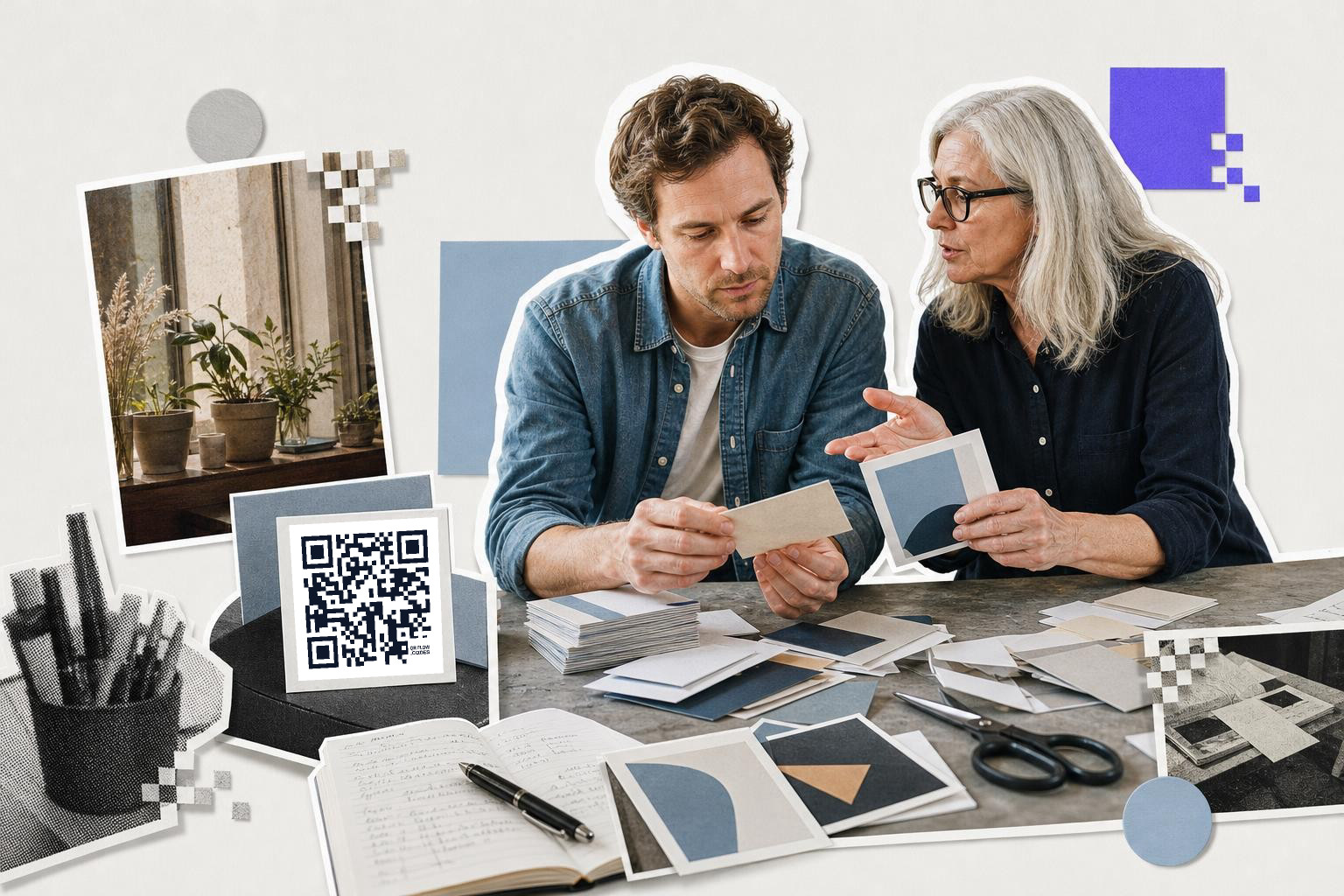 Two people discussing paper samples at a table with a QR code card nearby.