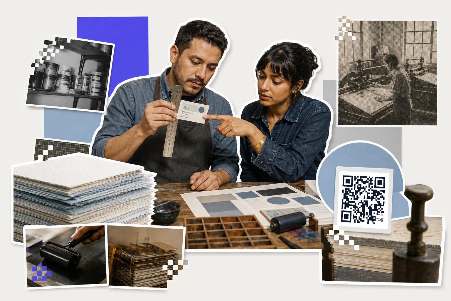 Two people examine a card with a ruler, surrounded by printing tools and a QR code card.