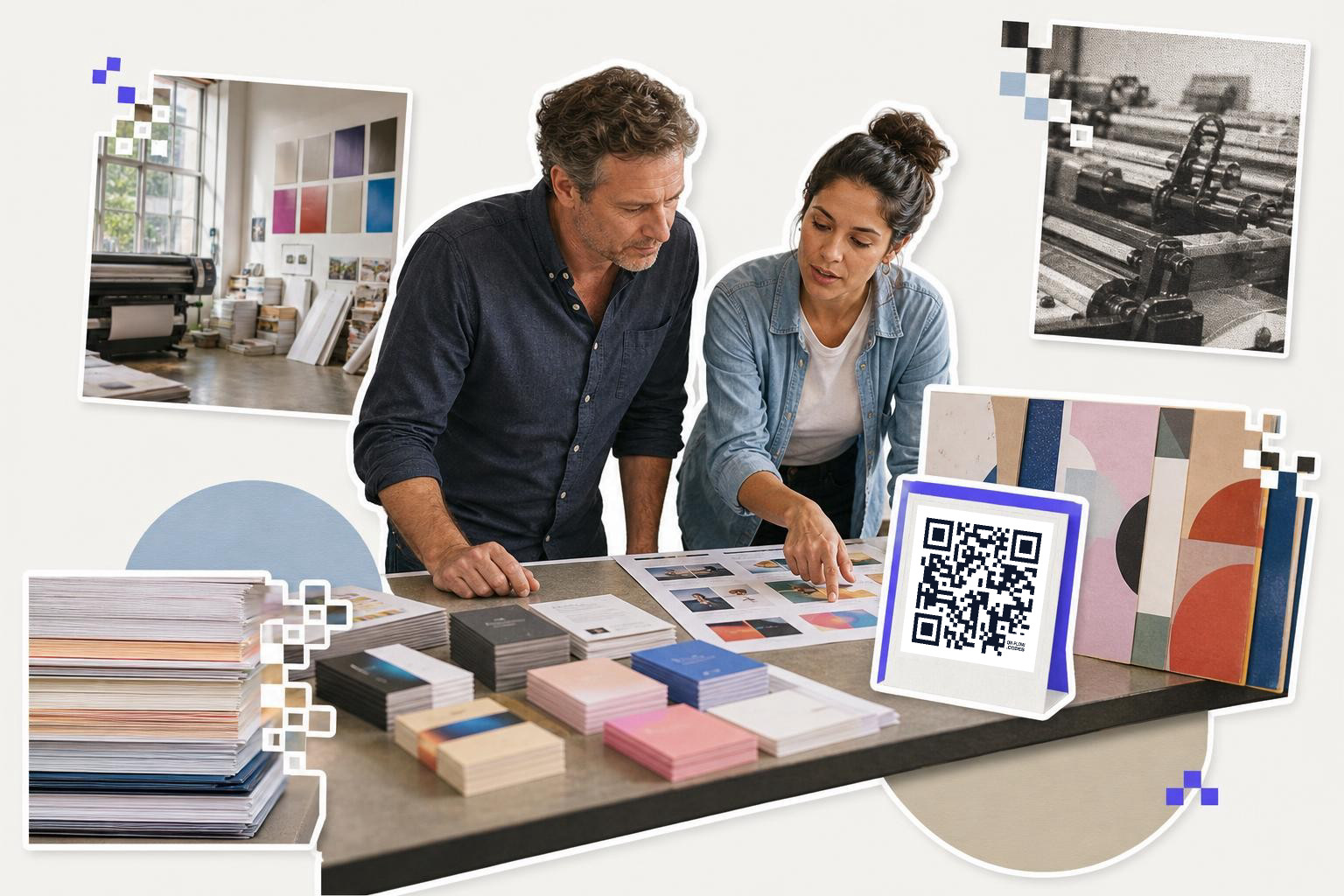 Two people reviewing print samples on a table with a QR code card nearby in a studio setting.