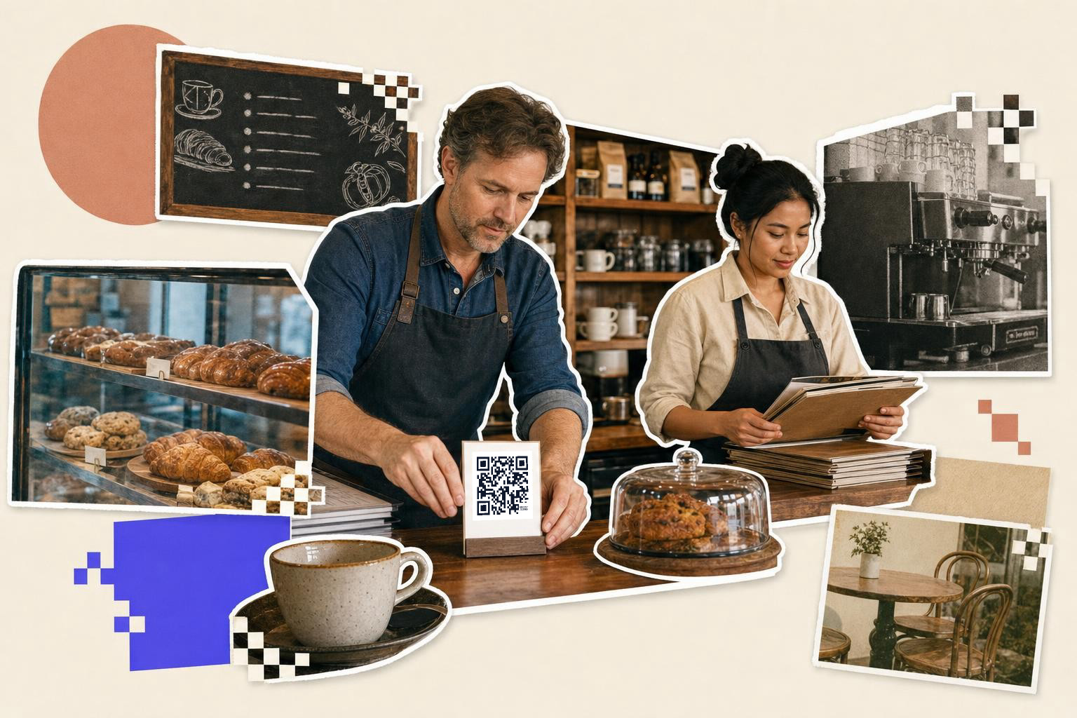 Two cafe workers organize menus and a QR code card on a counter with pastries and coffee, illustrating how to create a QR code for a restaurant menu.