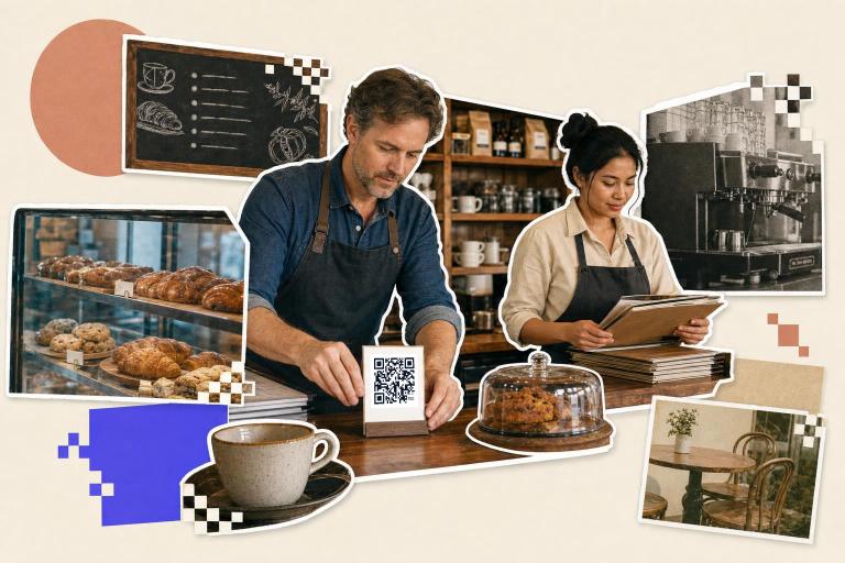 Two cafe workers organize menus and a QR code card on a counter with pastries and coffee, illustrating how to create a QR code for a restaurant menu.
