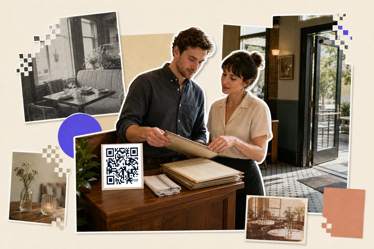 A couple examines a menu at a restaurant entrance with a QR code on the counter.