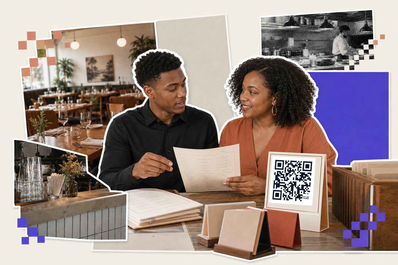 A couple reviews a menu at a restaurant table with a QR code card displayed nearby.