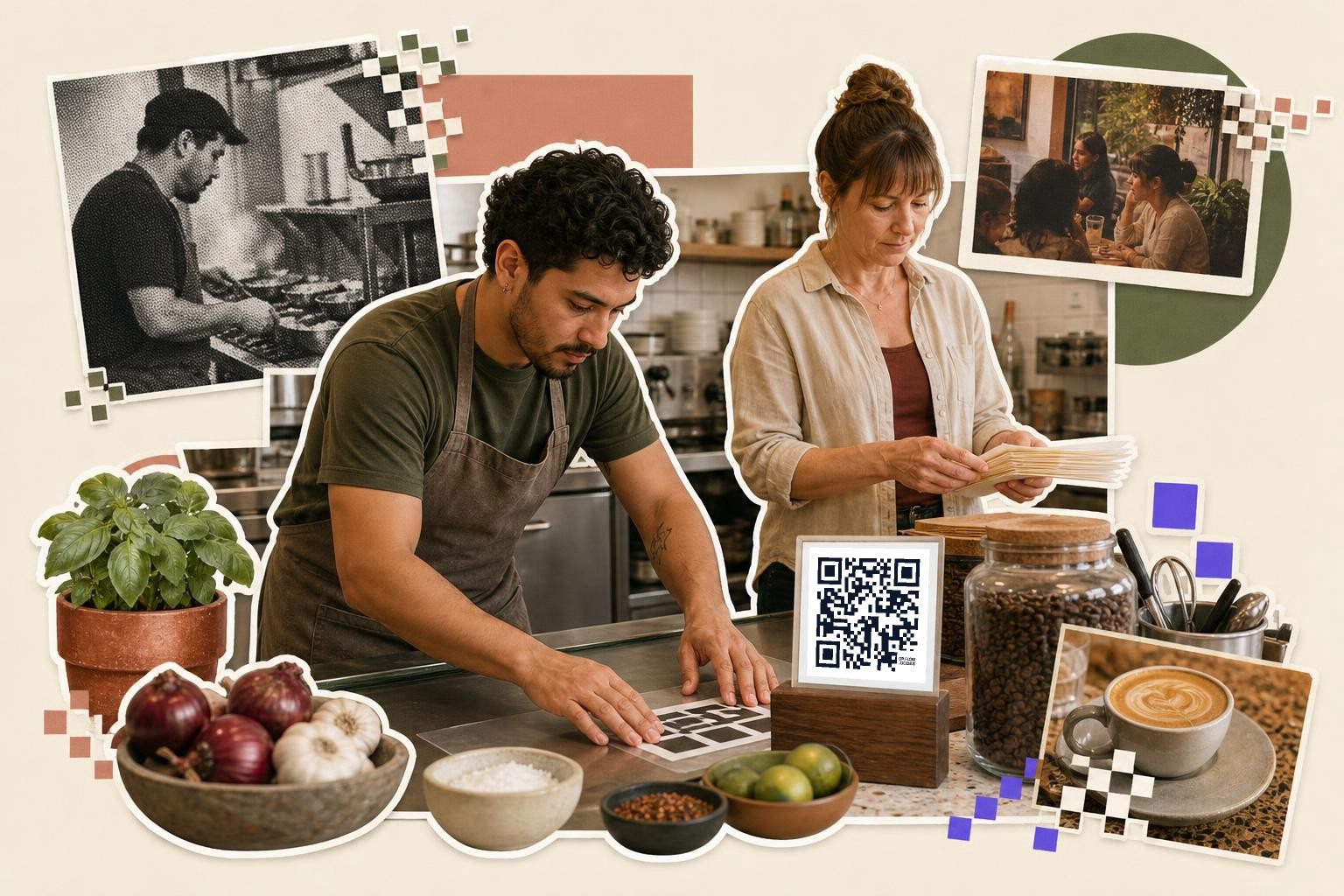 Two people in a kitchen with a QR code card, surrounded by food and cooking images.