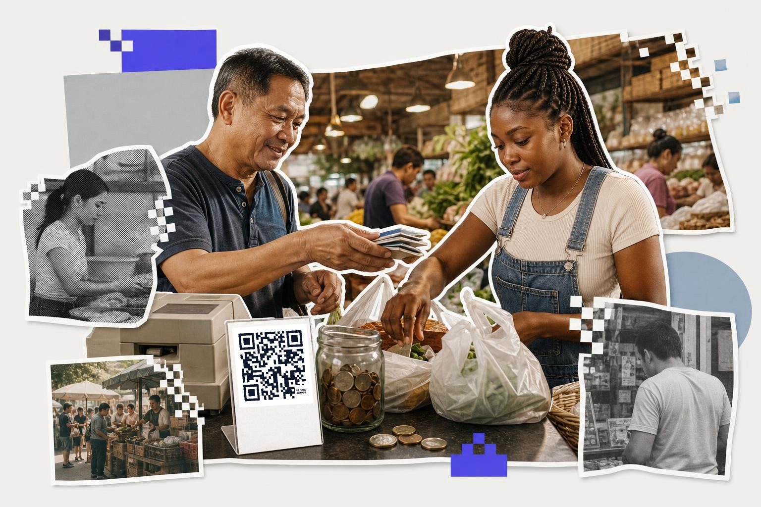 Man paying woman at market stall with QR code card on counter, surrounded by various market scenes.