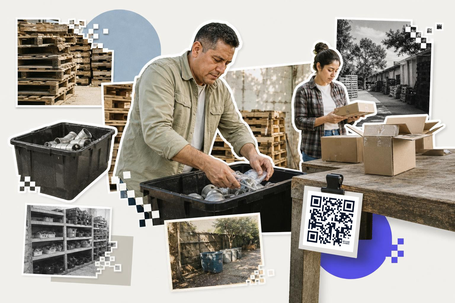 Man sorting recyclables in a bin, woman holding a box, QR code on table, pallets in background.