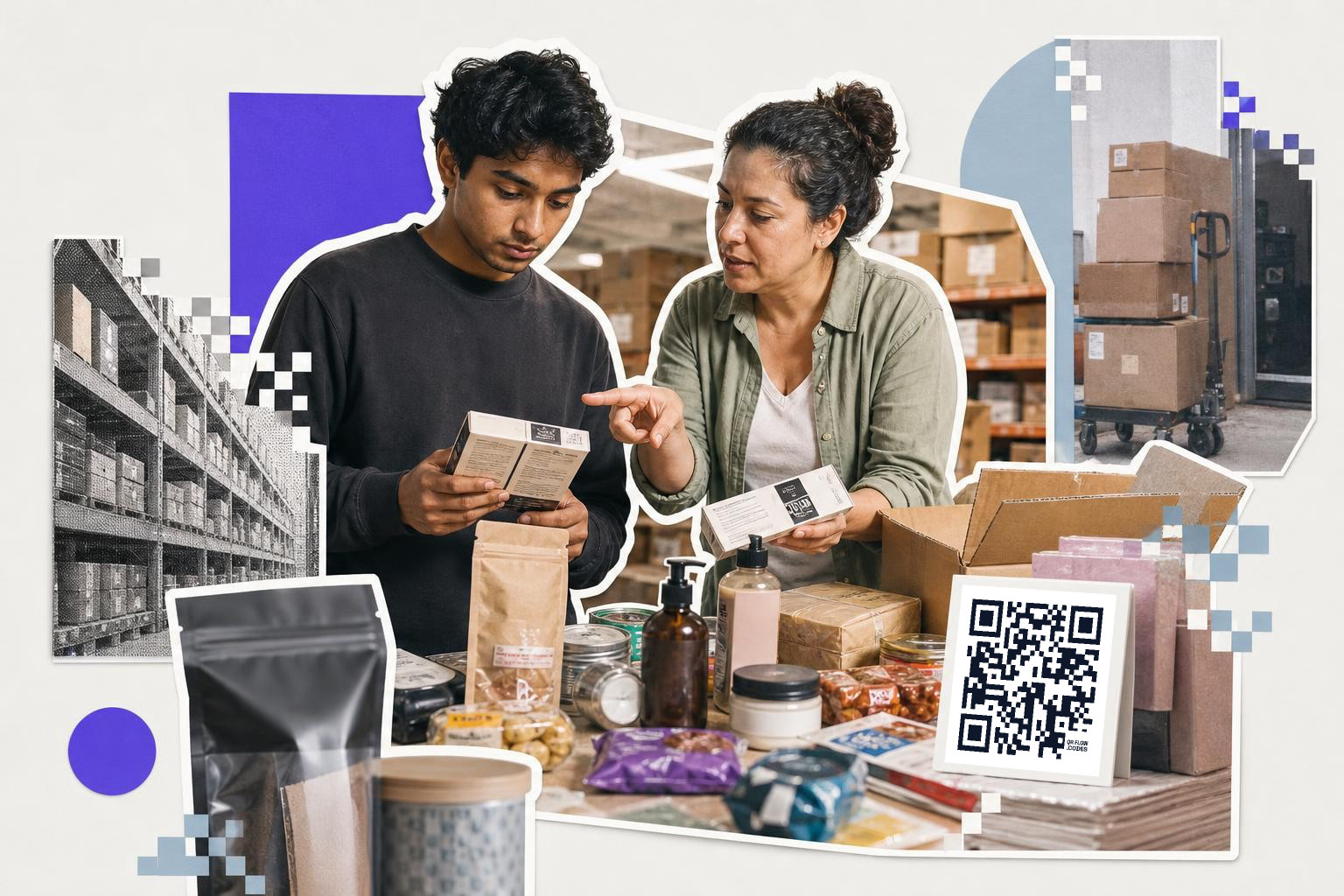 A young man and a woman examine product packaging at a table filled with various items, with a QR code visible on a box.