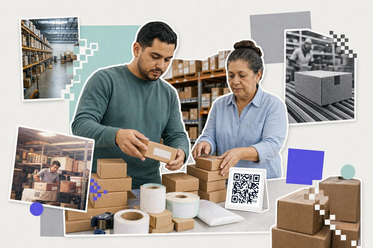 Two people pack boxes in a warehouse with a QR code card discussing the difference between barcodes and QR codes.