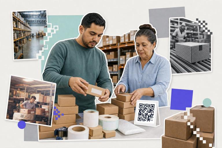 Two people pack boxes in a warehouse with a QR code card discussing the difference between barcodes and QR codes.