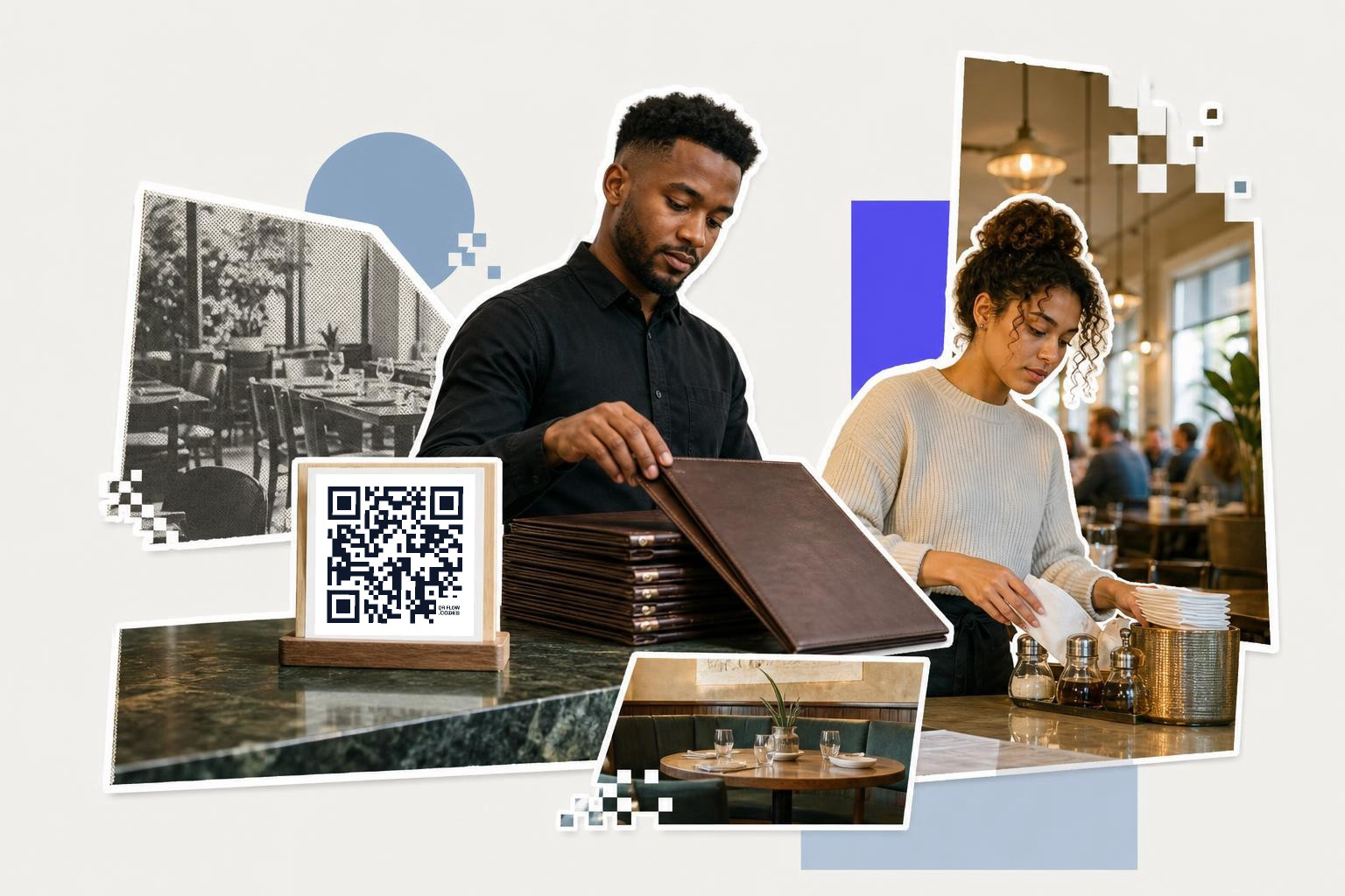 Two people in a restaurant setting, one holding menus, another stacking plates, with a QR code on a table.