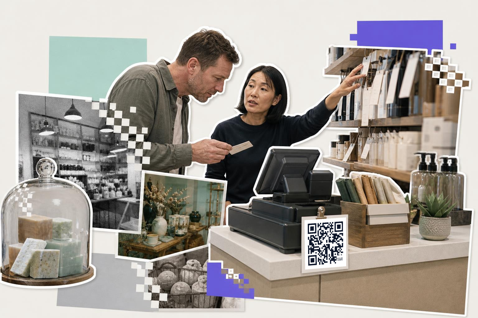 Two people at a store counter with a QR code, surrounded by various product images.