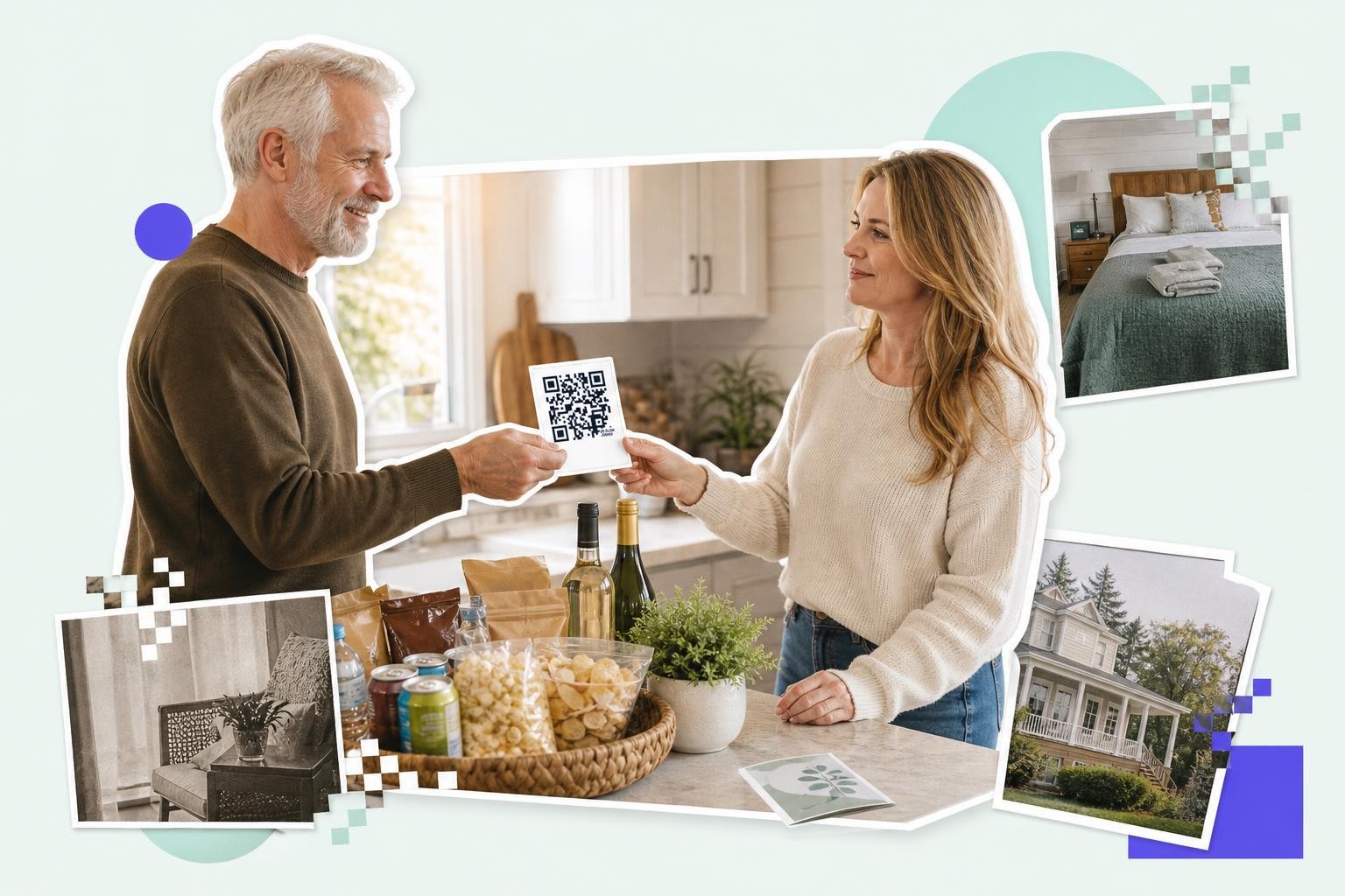 A man and woman exchange a QR code card in a kitchen with snacks and wine on the counter.