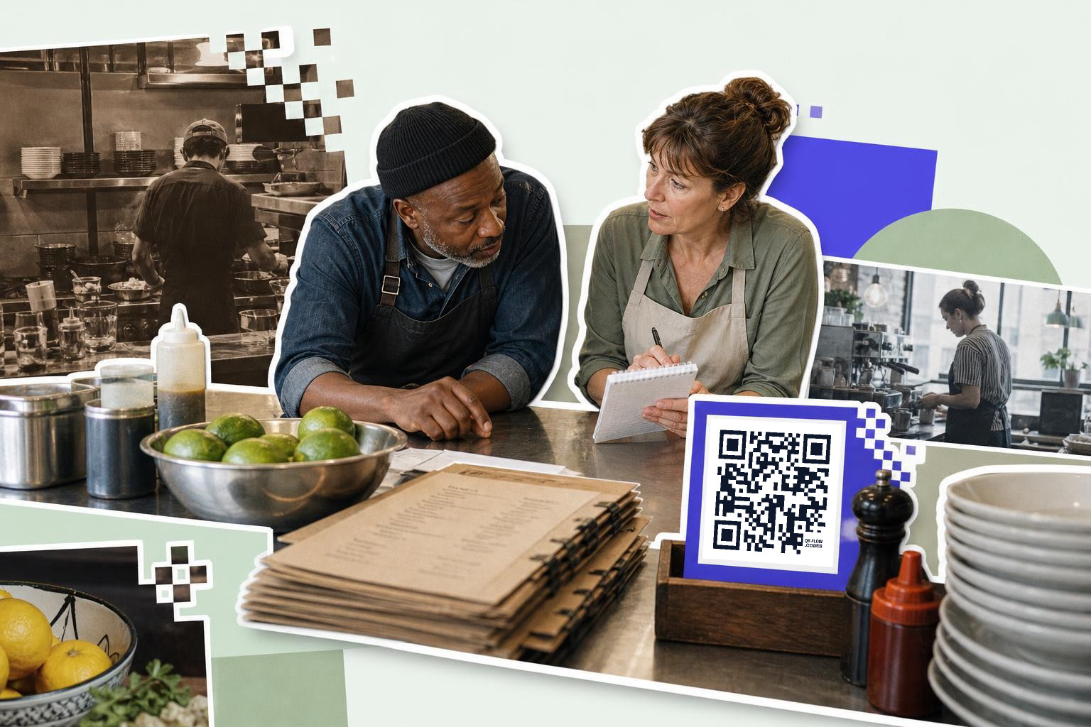 Two people in aprons discuss at a kitchen counter with a QR code sign nearby.
