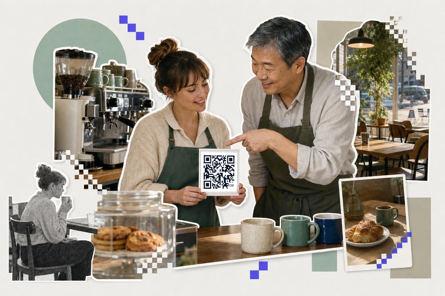 Two people in aprons hold a card with a QR code in a cafe setting with pastries and coffee.
