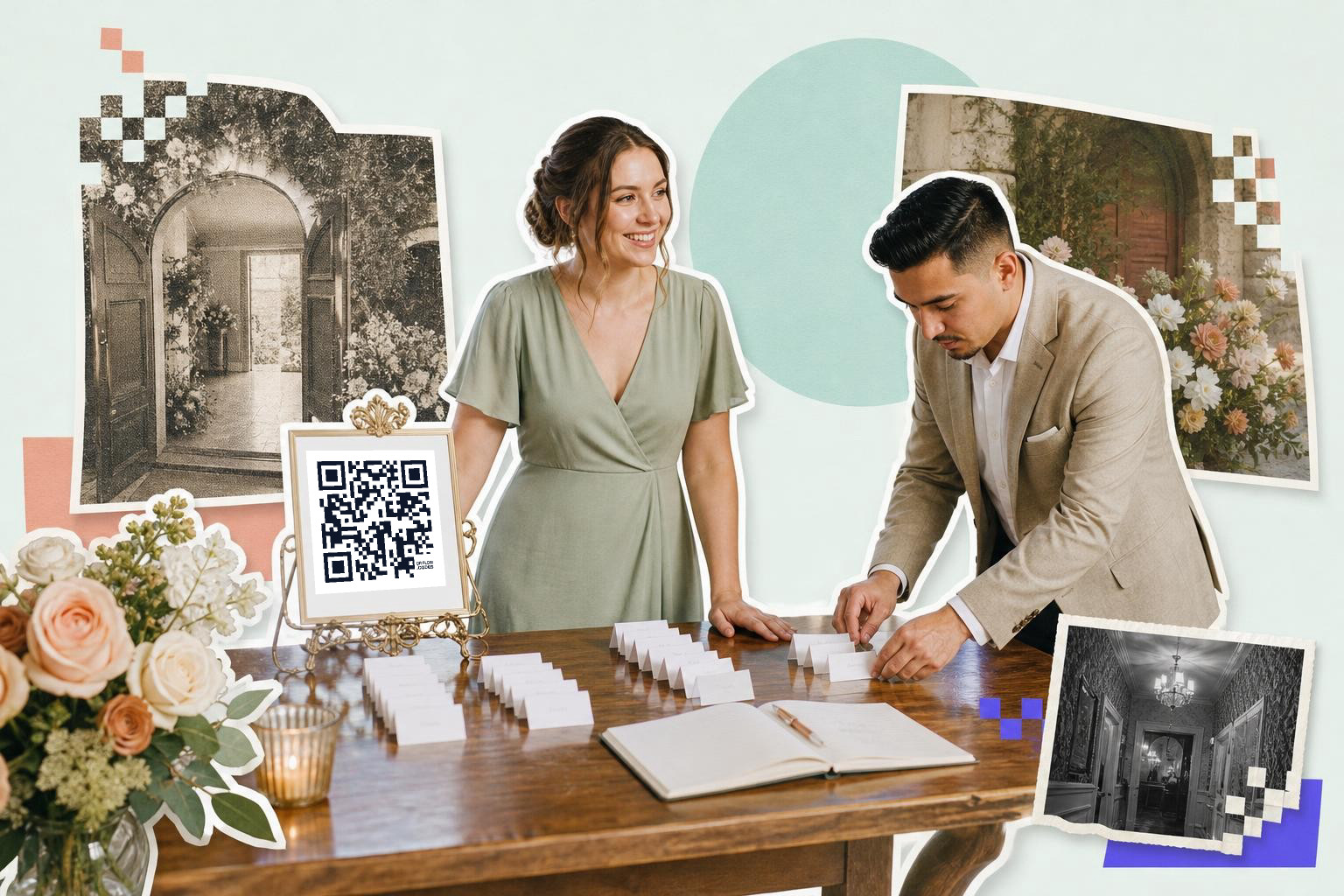 Two people arranging cards on a table with a QR code sign and floral decorations.