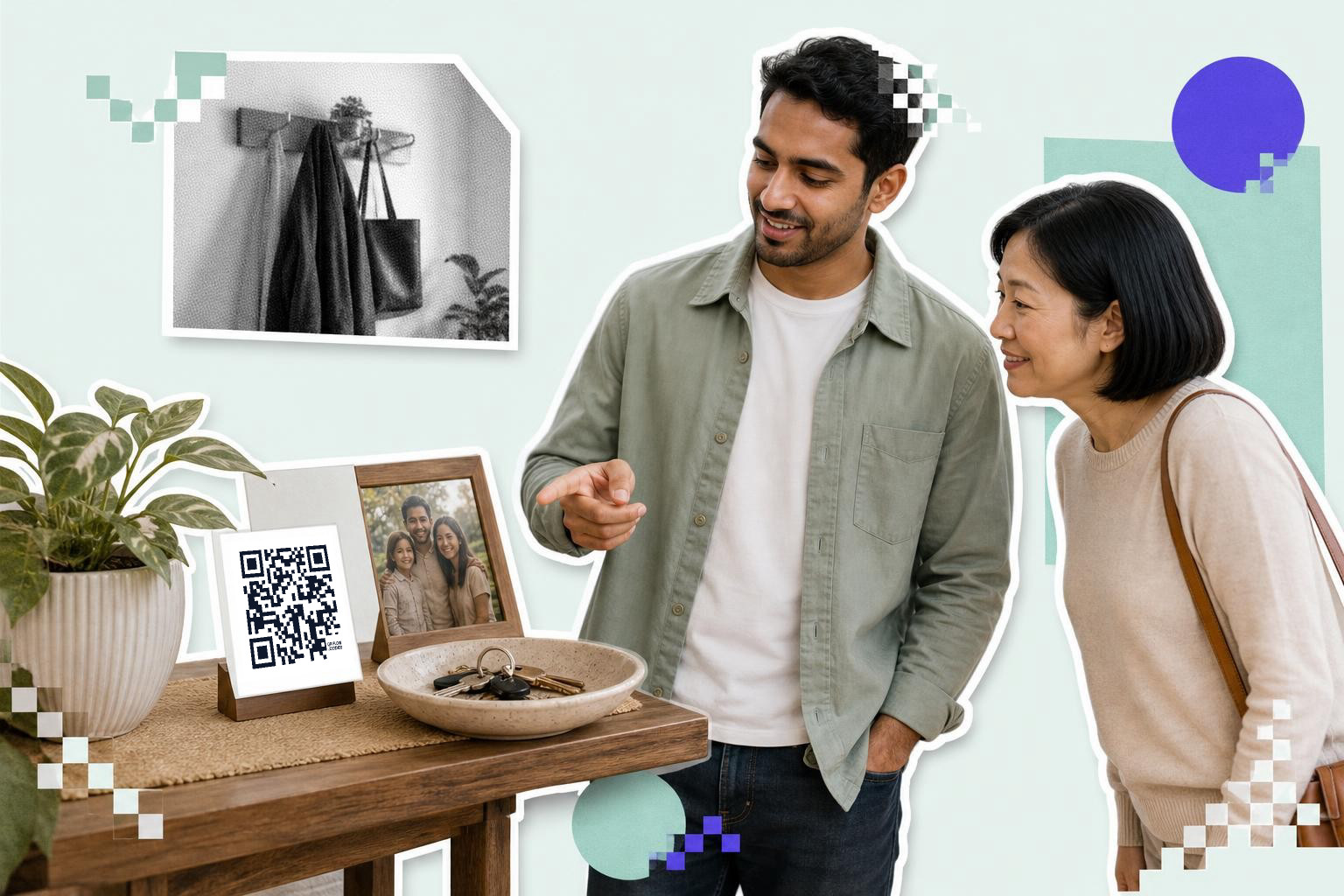 Two people looking at a table with a QR code, photo frame, and keys in a bowl.