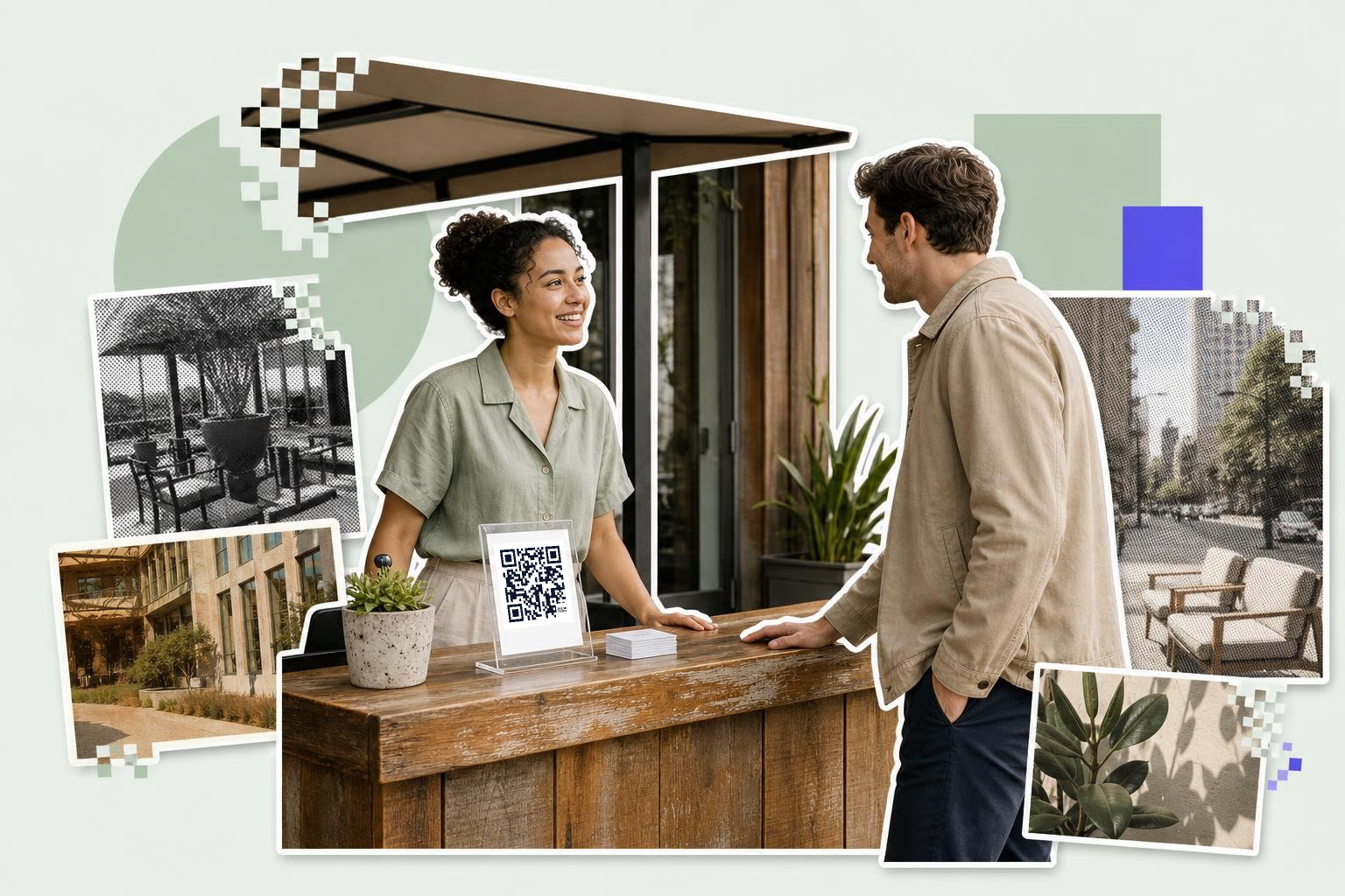 Two people talking at a wooden counter with a QR code sign and plant nearby.
