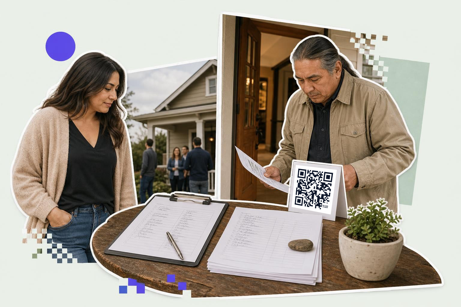 Man examines papers near a QR code sign on a table with a woman nearby outside a house.