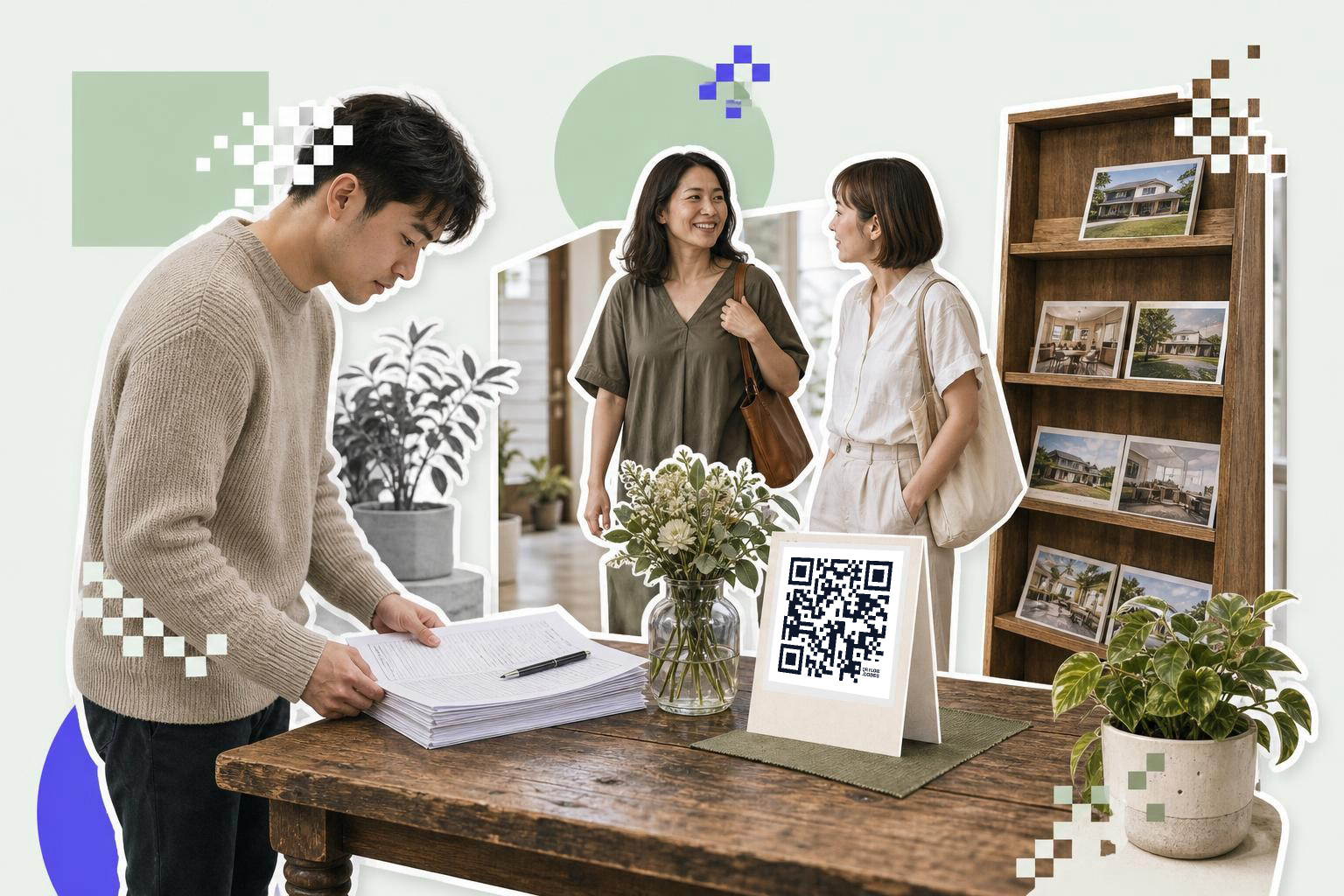 Man reading documents at a table with QR code sign, two women talking, and a photo display.