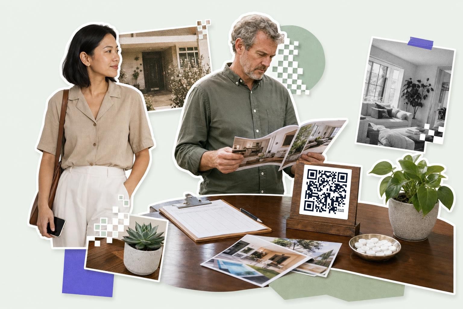Two people at a table with an open house sign-in sheet and a QR code card.