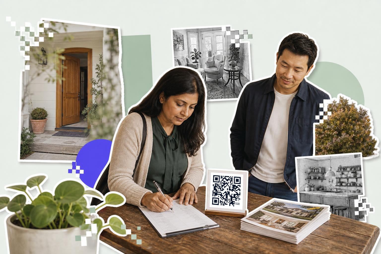Two people at a table with a QR code card, brochures, and various home images around them.