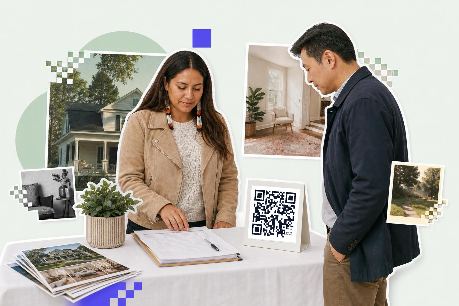 A woman fills out a sign-in sheet at an open house while a man observes, with a QR code and property photos nearby.