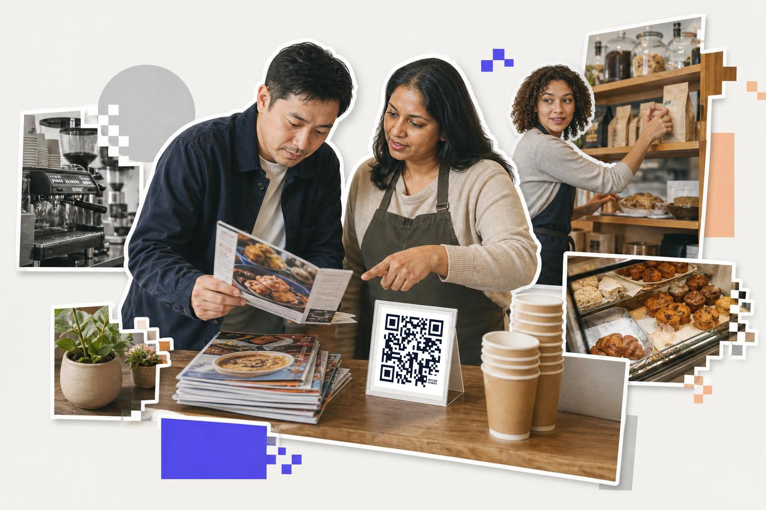 Two people in aprons discuss a menu beside a QR code card in a cafe setting.