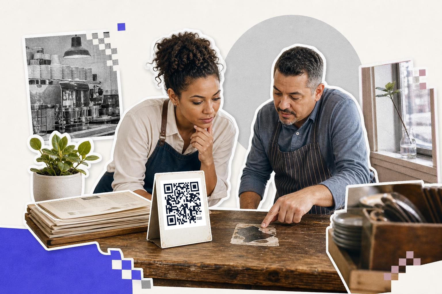 Two people in aprons examine a table with a QR code card nearby in a cafe setting.