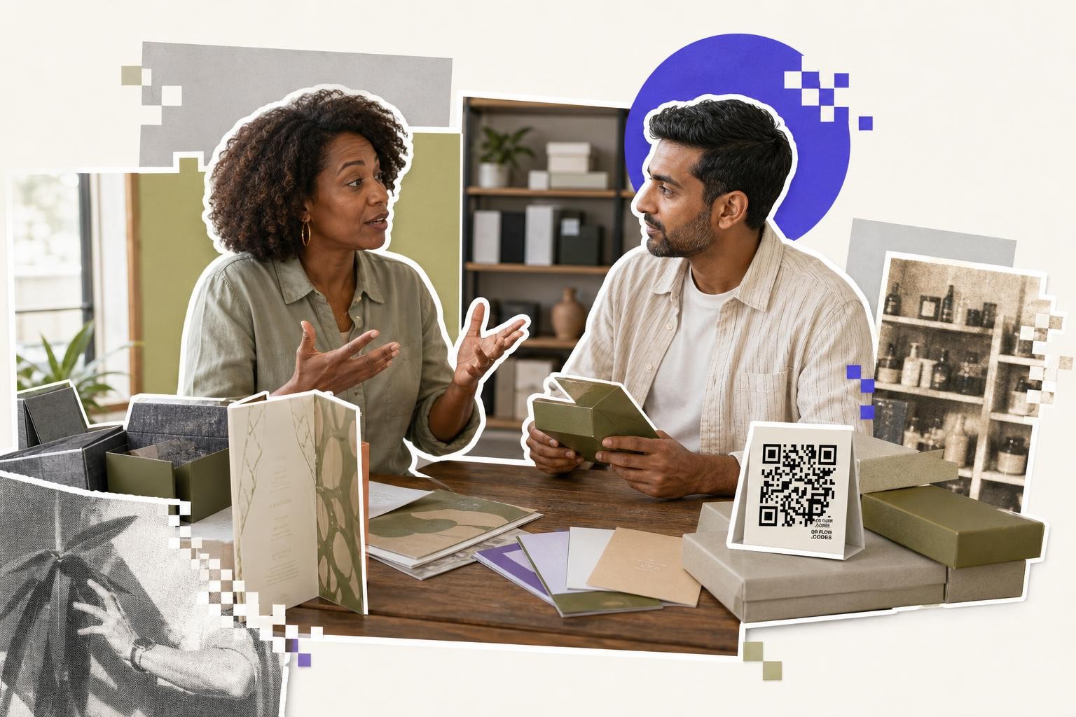 Two people sitting at a table discussing packaging with a QR code on a card nearby.