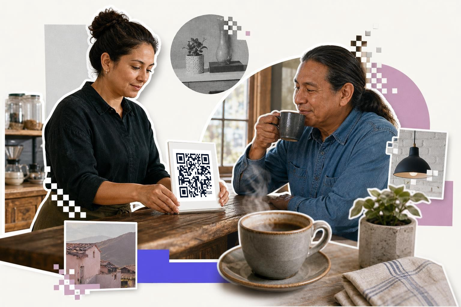 Woman showing QR code to man drinking coffee at a wooden table with decor elements around.