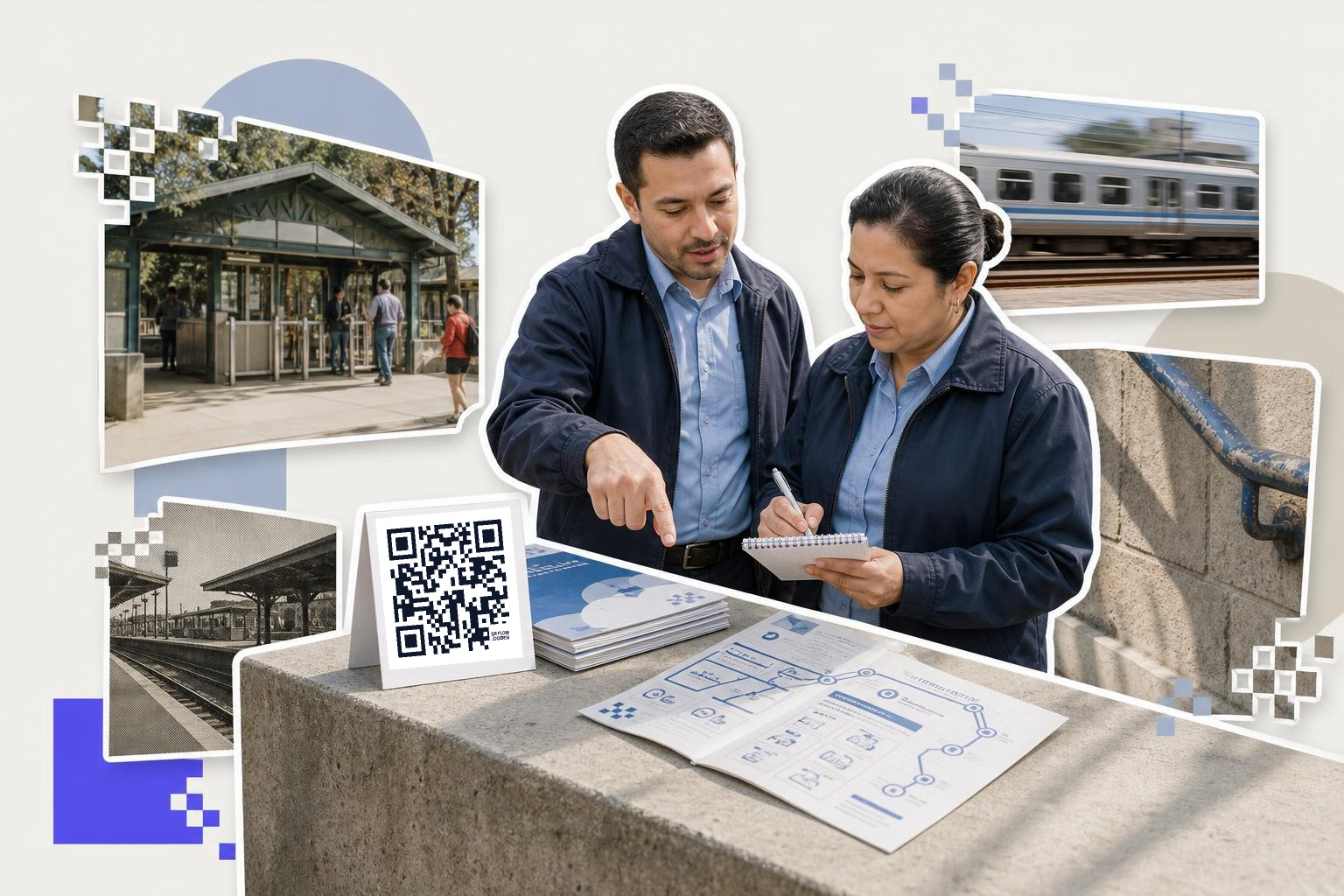 Two people in blue jackets discuss documents on a concrete ledge with a QR code nearby.