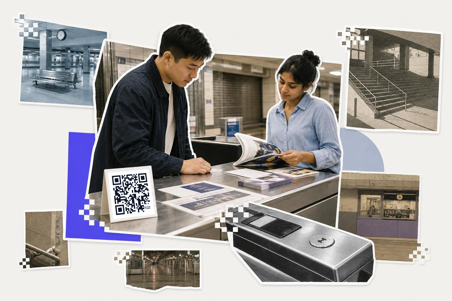 Two people at a counter with brochures and a QR code card in a subway station.